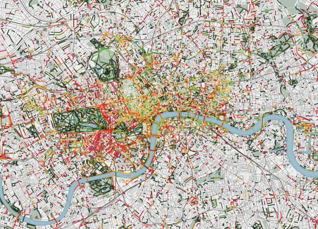 Daniele Quercia Mapa mostra os lugares de Londres que têm cheiro (o laranja são os mais fracos e os vermelhos os pontos de cheiro mais forte) e flora (linhas verdes são aromas de flores, árvores e plantas).