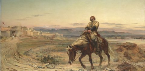 Uma das principais telas em exposição, pintada por Elizabeth Butler em 1842, retrata o único sobrevivente de um massacre ocorrido no Afeganistão no século 19