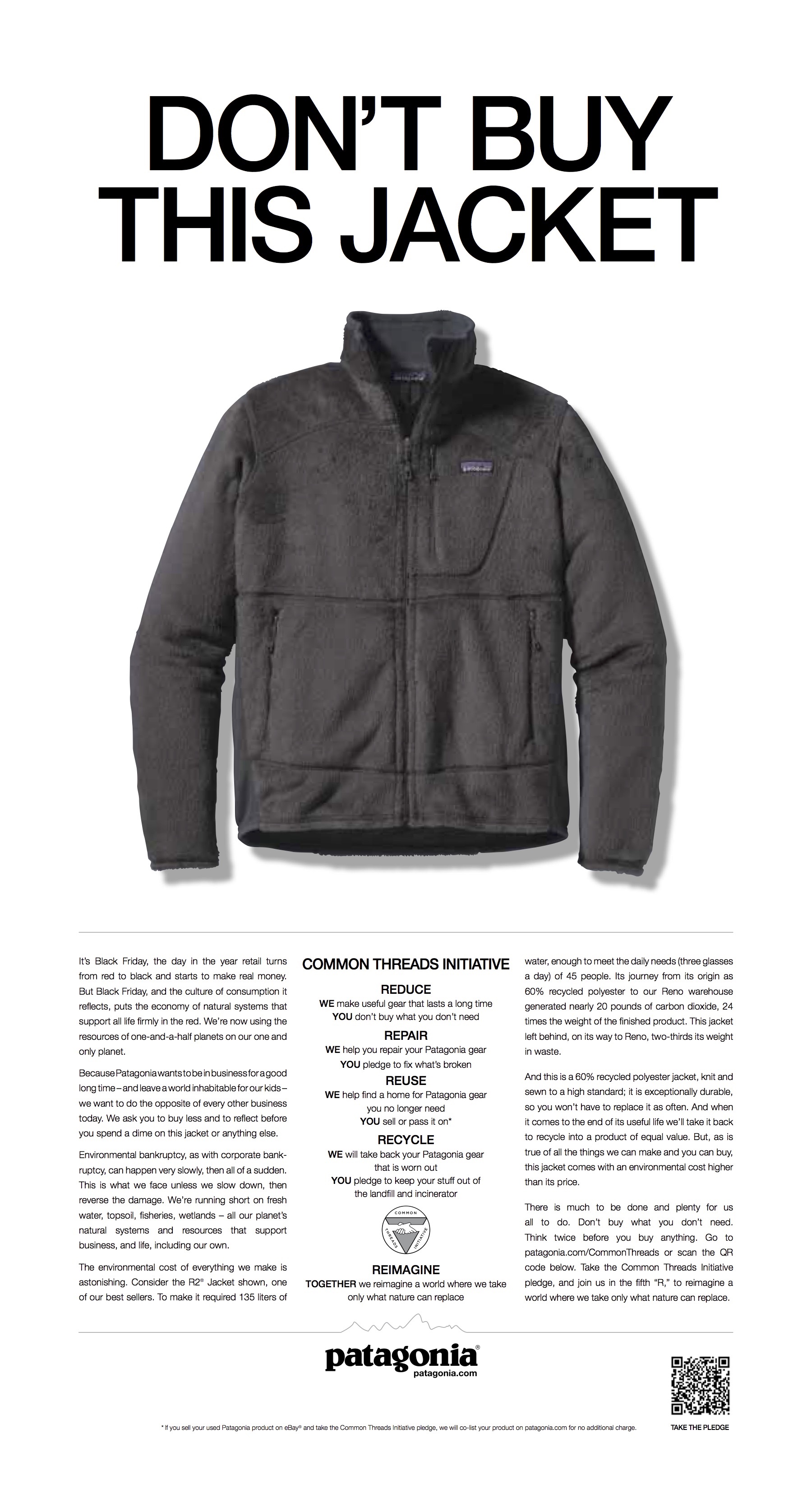 Campanha da marca de roupas "Patagonia", publicada em diversos jornais, prega o consumo consciente