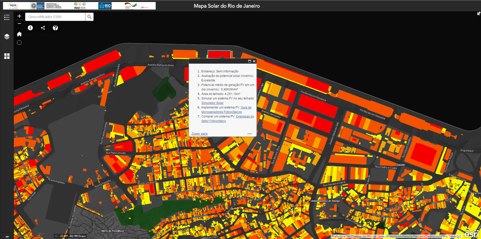 Foto de Divulgação Mapa solar da região do porto. Do amarelo, potencial considerável, ao vermelho, que representa um índice excelente. Foto de Divulgação