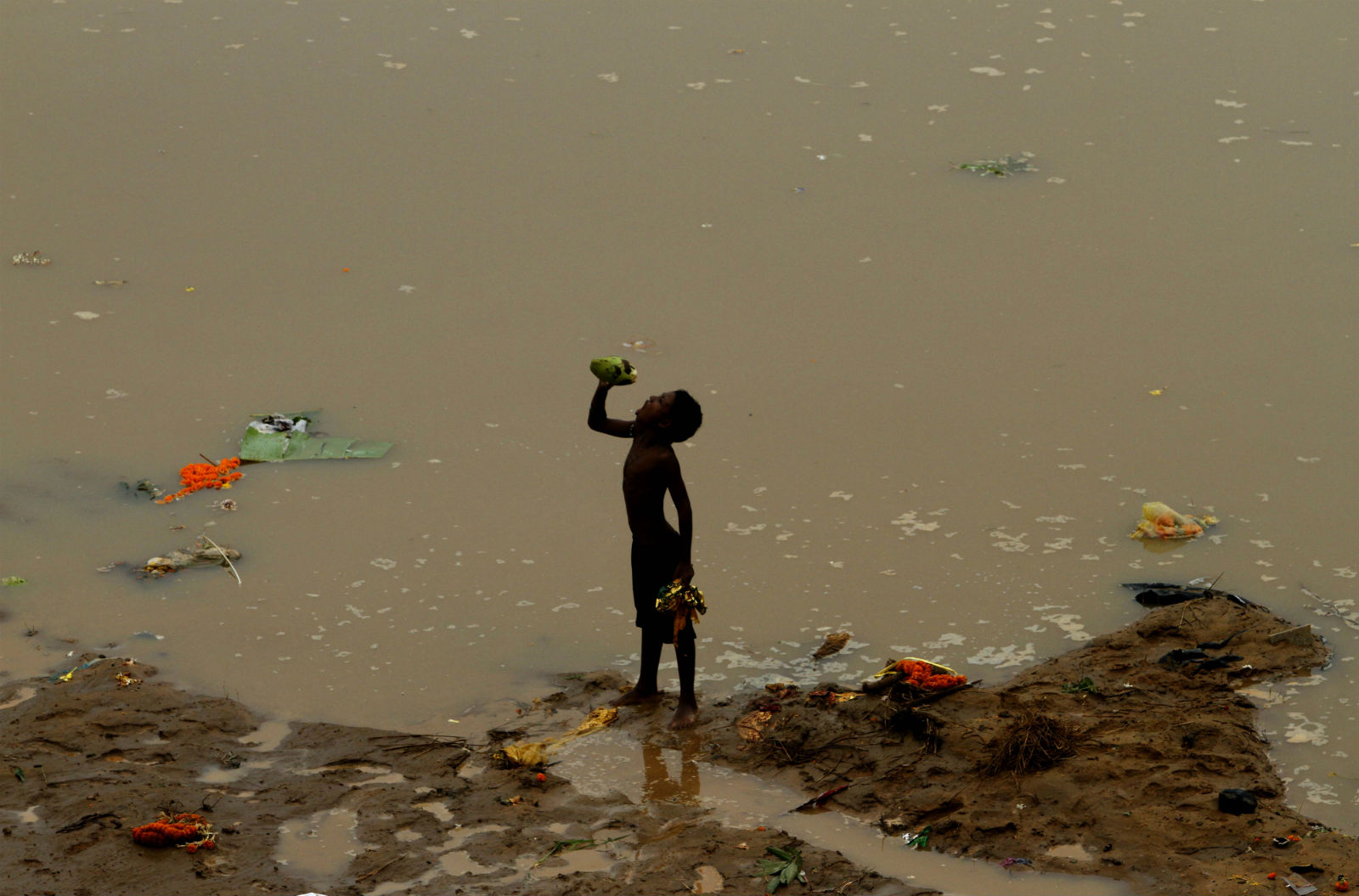 Biswaranjan Rout/NurPhoto/AFP Menino bebendo resto de água de coco, kuakhai, na Índia. Foto de Biswaranjan Rout/NurPhoto/AFP