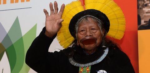 Raoni na COP-21. Foto de Miguel Medina/ AFP