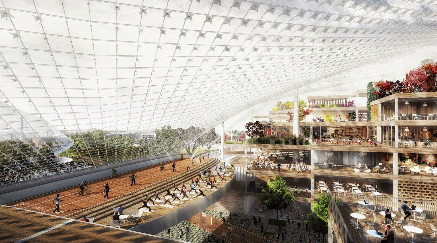 Foto Divulgação/Google Focado em espaços abertos e verdes, novo campus do Google sugere ser um lugar onde famílias podem viver e trabalhar. Foto divulgação