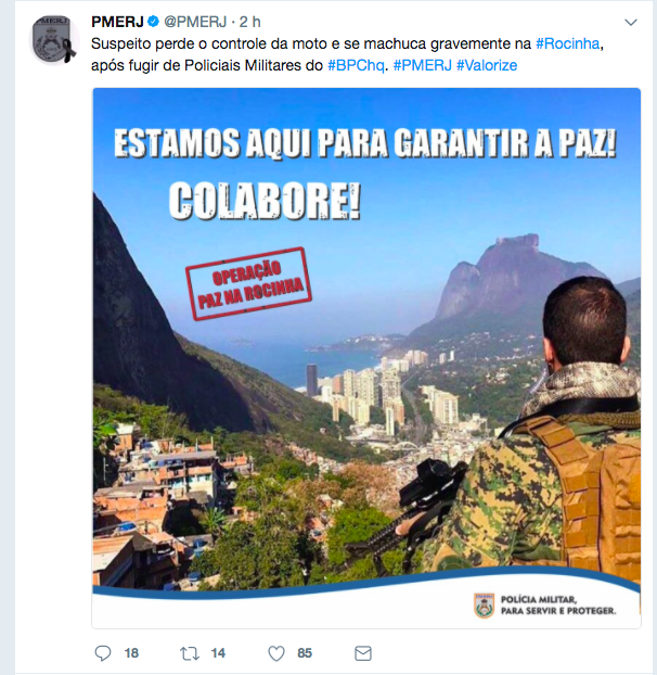 Reprodução do Twitter A mensagem deixada no Twitter da PM após a morte do mototaxista na Rocinha. Reprodução do Twitter