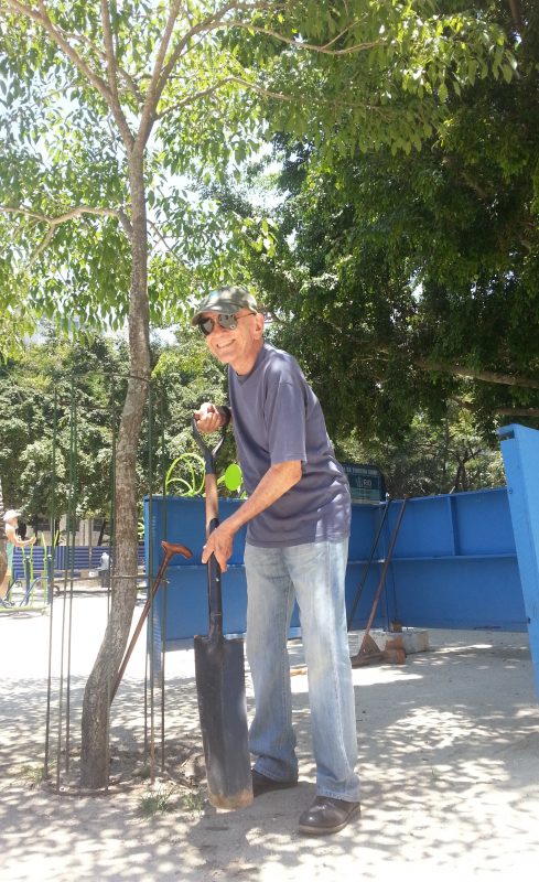 Rubem Fonseca com o ipê-roxo que adotou na praça Antero de Quental, no Leblon. Foto Rodrigo Camarão