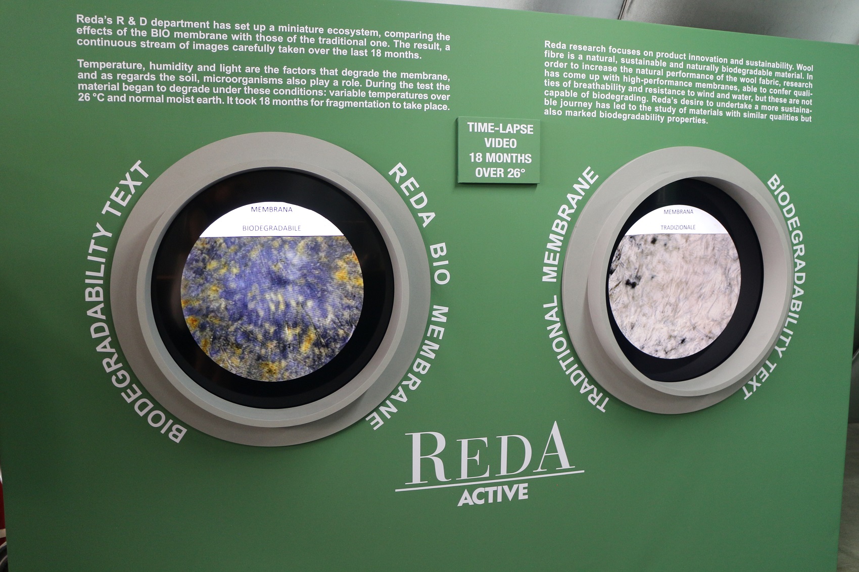 A marca italiana Reda uniu o desejo de mesclar pesquisa tecnológica e sustentabilidade e criou uma membrana totalmente biodegradável (Foto: Janaina Cesar)