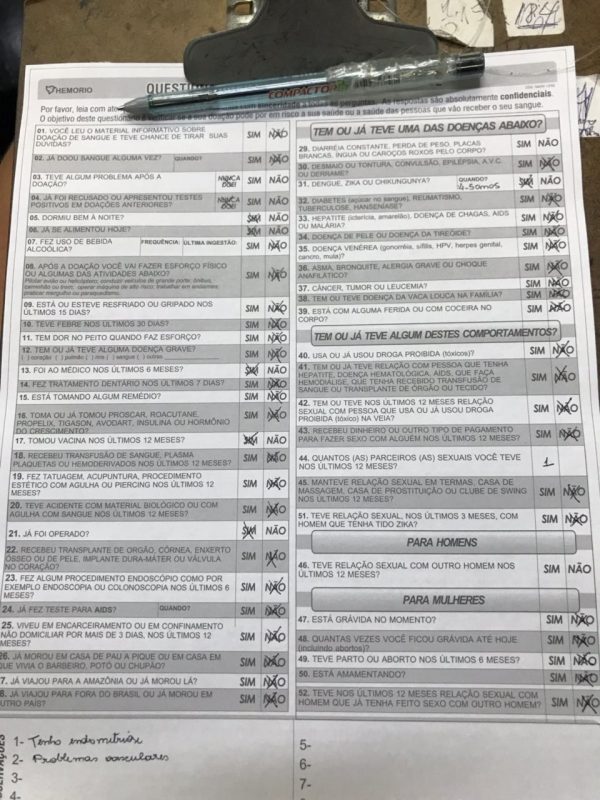 O formulário padrão de doação, adotado em todo o território nacional, tem perguntas específicas para homens e mulheres. Foto Reprodução