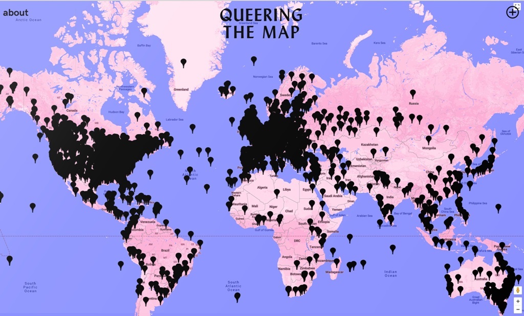Foto Reprodução O “Queering the map” entra em 2019 com sua superfície tomada por manchas pretas, tantos são os pins acumulados em várias partes do mundo. Foto Reprodução