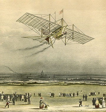 Em 1842, antes mesmo do surgimento do primeiro avião, um inventor de teares inglês chamado William Henson requereu a primeira patente de uma “carruagem aérea”. Reprodução 