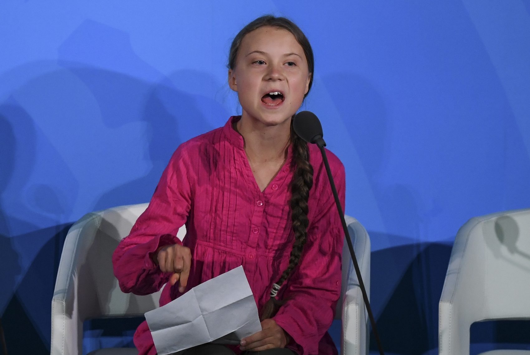 A ativista sueca Greta Thunberg discursa durante a Cúpula do Clima na ONU no dia 23 de setembro (Foto: Timothy A. Clary / AFP)