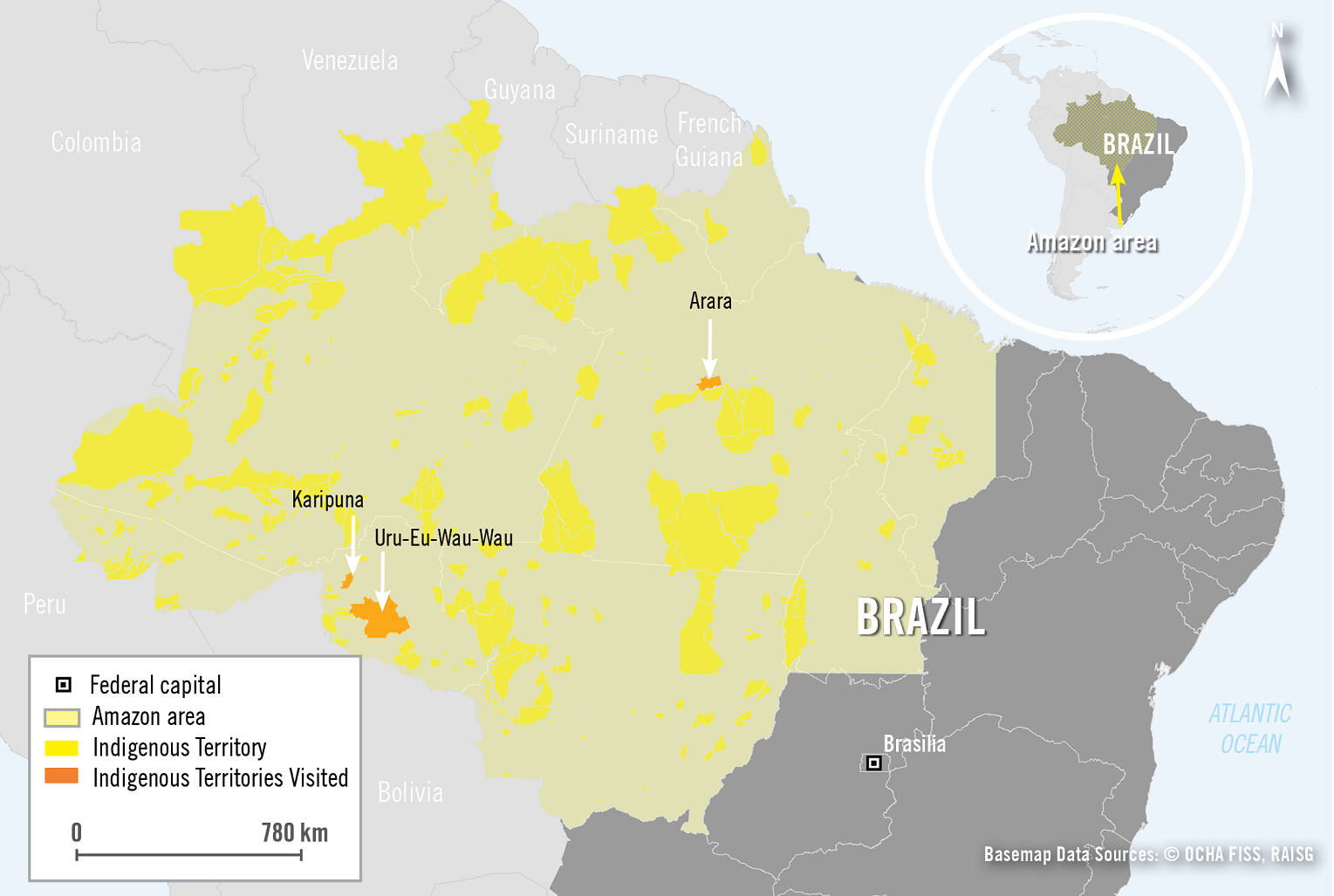 Reprodução Mapa da Região Amazônia indicando as três áreas indígenas visitadas pela Anistia Internacional. Reprodução