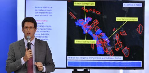 Em um evento em Brasília, no início do mês, o ministro Ricardo Salles fala sobre o desmatamento e tenta explicar o inexplicável. Foto Mateus Bonomi/AGIF