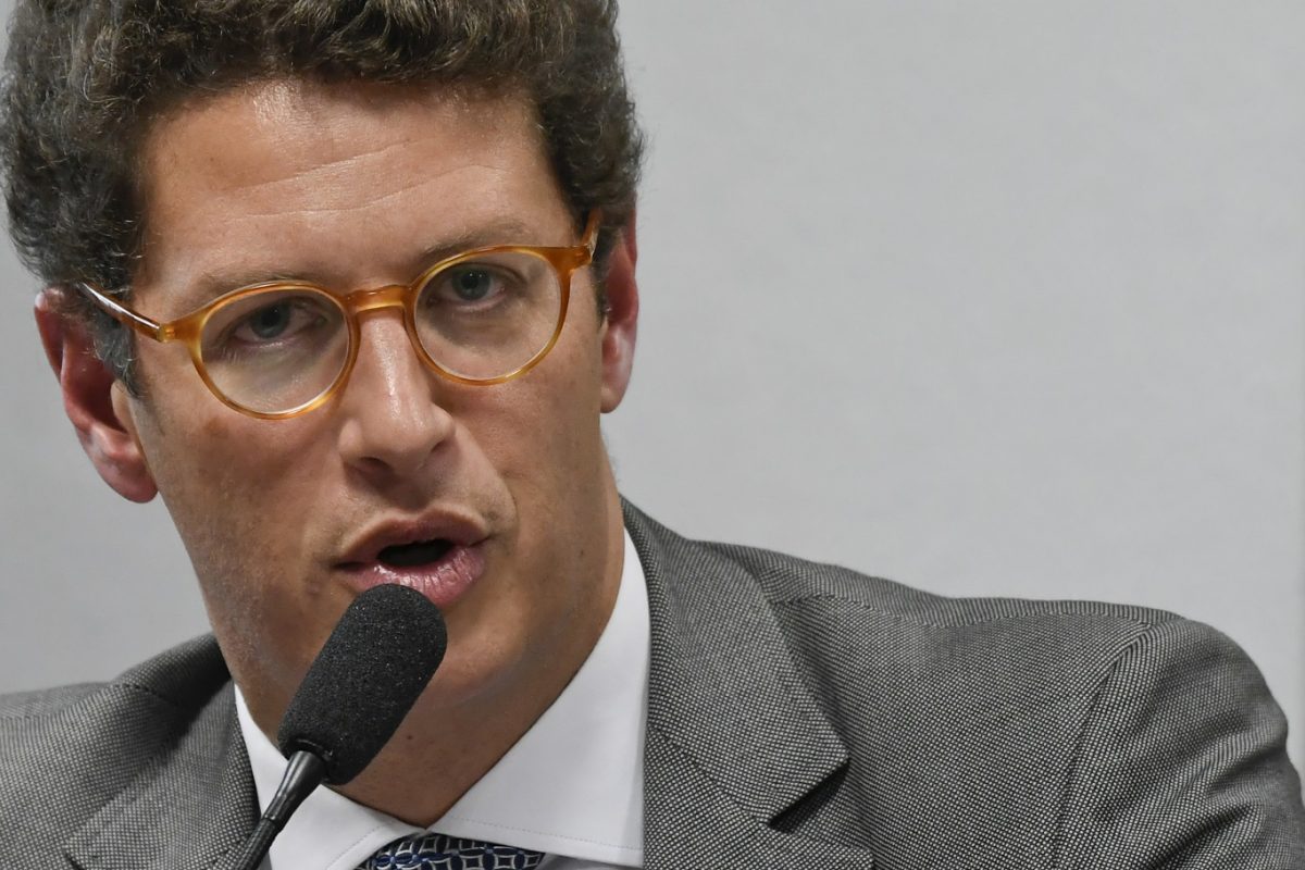 Ministro do Meio Ambiente, Ricardo Salles, em depoimento no Senado. O ministério bloqueou 95% da verba do clima. Foto Mateus Bonomi / AGIF