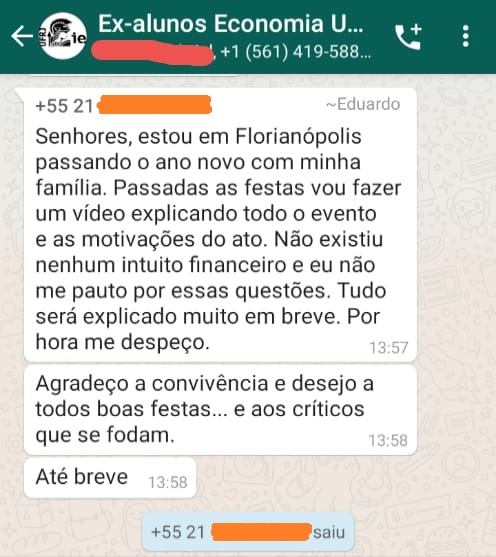 Mensagem de Fauzi no grupo de whatsapp no grupo de ex-alunos de Economia da UFRJ (Foto: Reprodução)