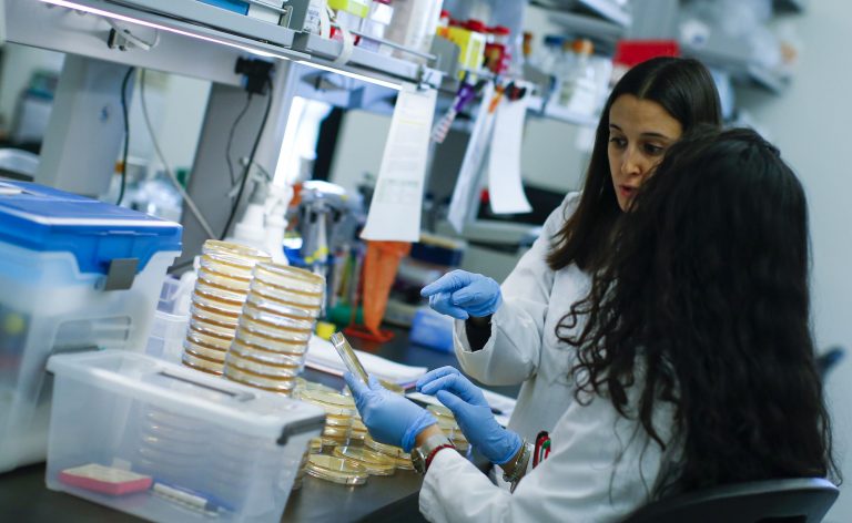 Pesquisadores trabalham no desenvolvimento de exame para identificação rápida do COVID-19 no Hackensack Meridian Health Center for Discovery and Innovation, em Nova Jeresey/EUA (Foto: Kena Betancur/Getty Images/AFP)