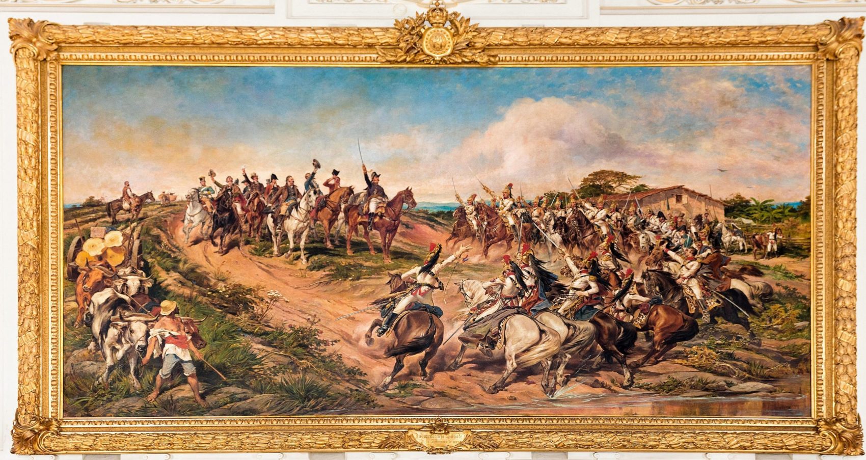 Quadro de Pedro Américo no Museu do Ipiranga antes da restauração: pintado em 1888, Independência ou Morte foi apresentado pela primeira vez ao público brasileiro em 1895 no mesmo salão nobre onde está até hoje (Foto: Divulgação/Museu do Ipiranga)