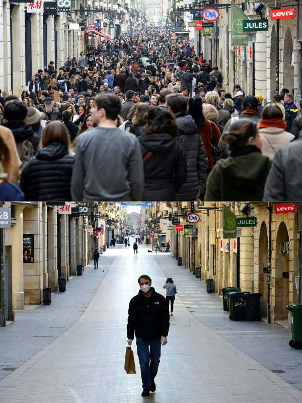 Foto Mehdi Fedouach/AFP A rua Sainte-Catherine, em Bordeaux, na França, antes e depois da quarentena decretada por conta do coronavírus. Foto Mehdi Fedouach/AFP