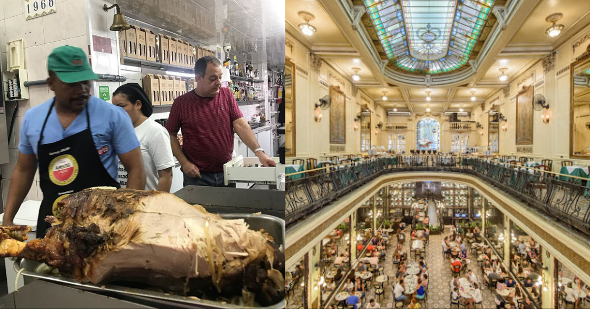 O Opus Bar e seu pernil e a Confeitaria Colombo e seus vitrais: endereços famosos da Rua Gonçalves Dias, antiga Rua dos Latoeiros onde Tiradentes foi preso por agentes do vice-rei (Fotos: divulgação)