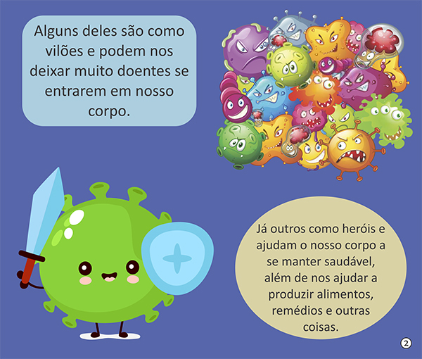 Página do livro ensinando como são os vírus: ilustrações para atingir o público infantil (Foto: Reprodução)