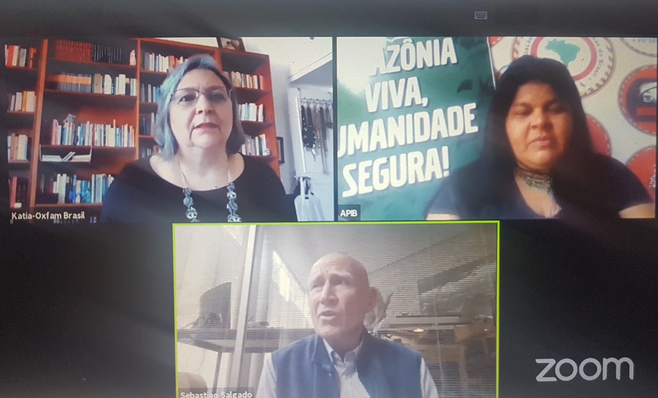 Sonia Guajajara e Sebastião Salgado com Katia Maia, da Oxfam, em debate virtual: críticas ao governo pela falta de proteção aos indígenas na pandemia (Reprodução)