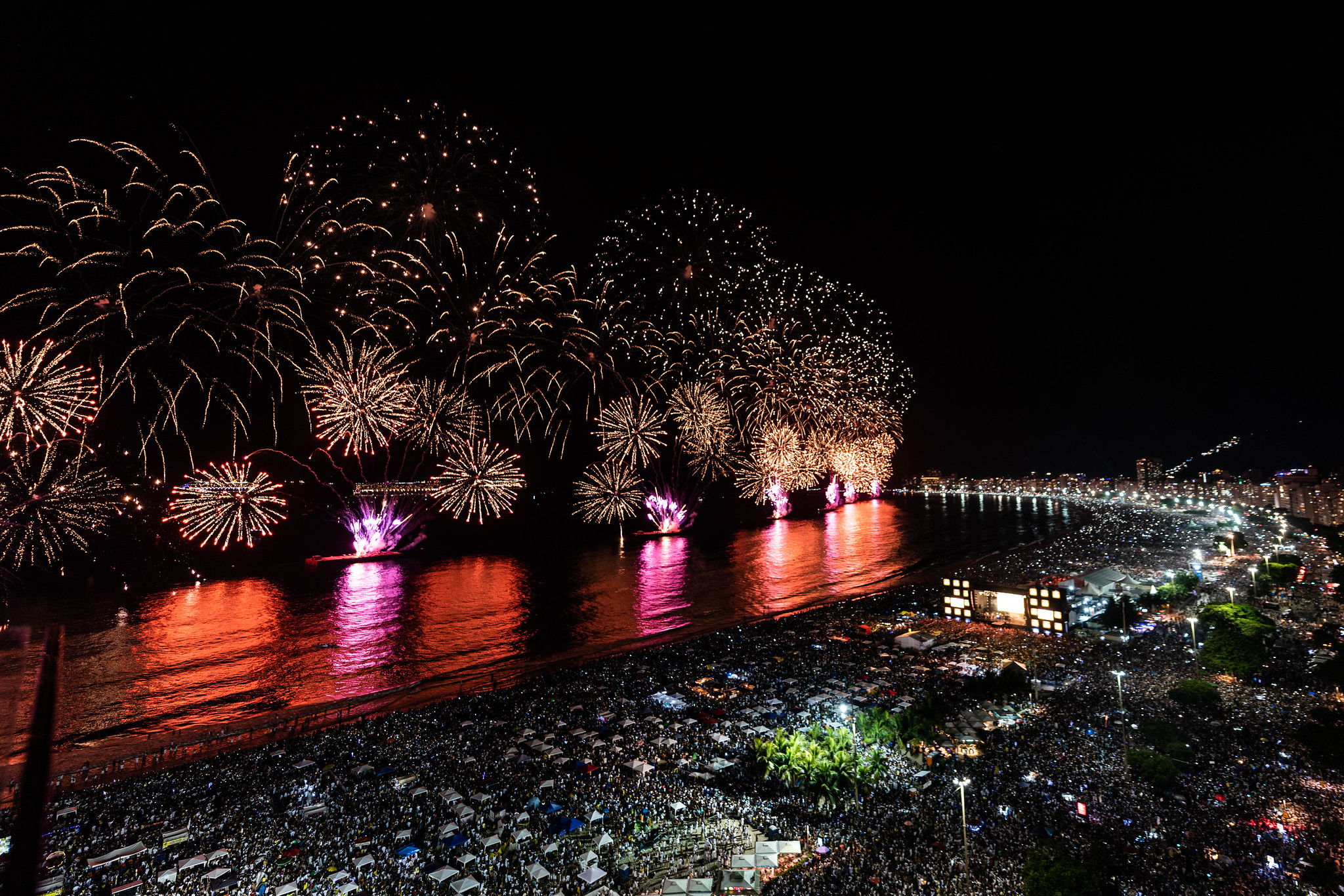 A multidão diante dos fogos de Copacabana na chegada de 2020: aglomeração impensável. Foto de Alex Ferro (Riotur)