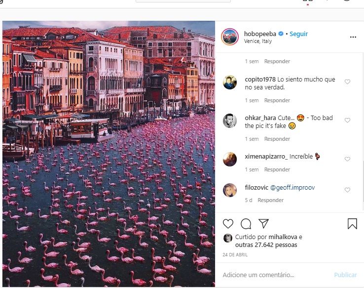 Flamingos ocupam canal de Veneza: imagem totalmente falsa espalhada pelas redes sociais (Reprodução)