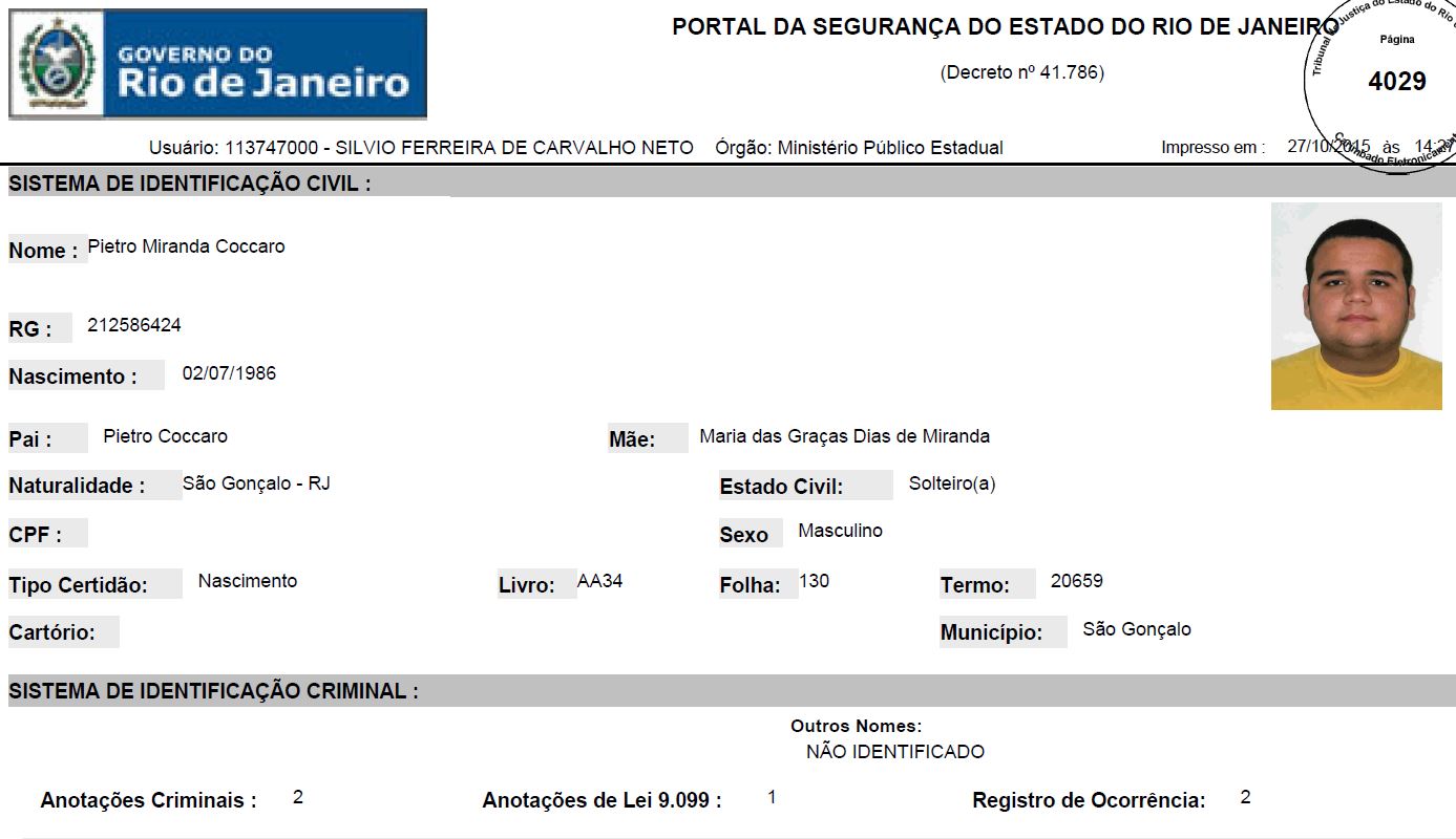 Ficha criminal de Pietro Coccaro (Reprodução)