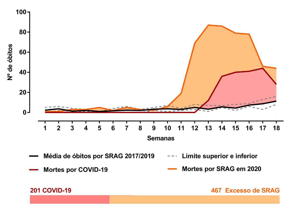 Gráfico feito pelos pesquisadores mostra retrospectiva dos registros de óbitos, observando dados de 2017 a 2019 e comparando com os de 2020 (Reprodução)