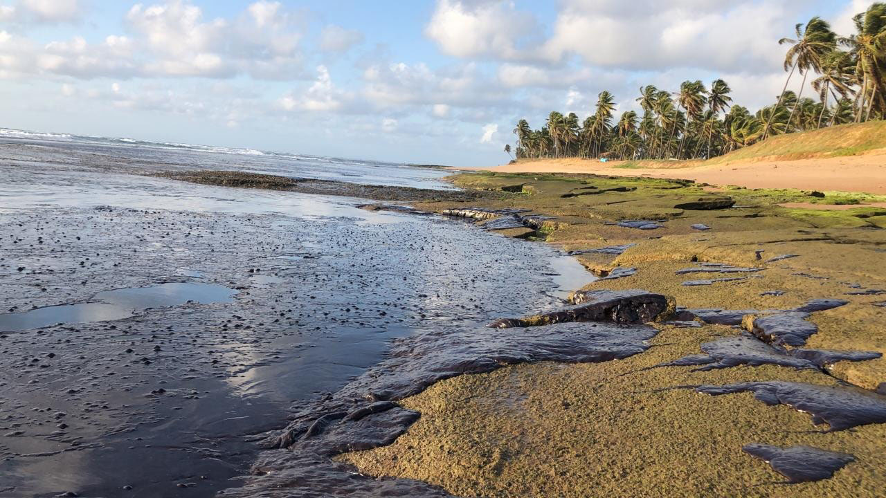Praia do Forte, destino turístico no litoral baiano, deserta e coberta de óleo em outubro: impacto nos municípios dependentes do turismo (Foto: Instituto Bioma Brasil/Fotos Públicas)