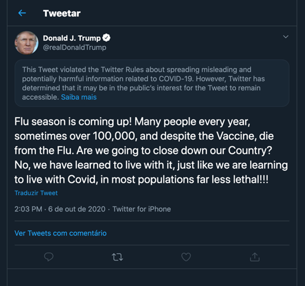 Twitter do presidente Donald Trump minimizando a pandemia de covid-19. Reprodução