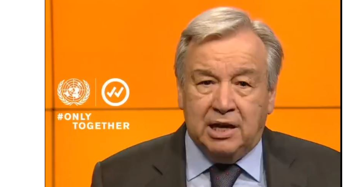 O secretário-geral da ONU, Antonio Guterres, no lançamento da campanha: "Somente unidos, podemos reviver nossas economias. Somente unidos, podemos acabar com esta pandemia e nos recuperar" (Foto: Reprodução)