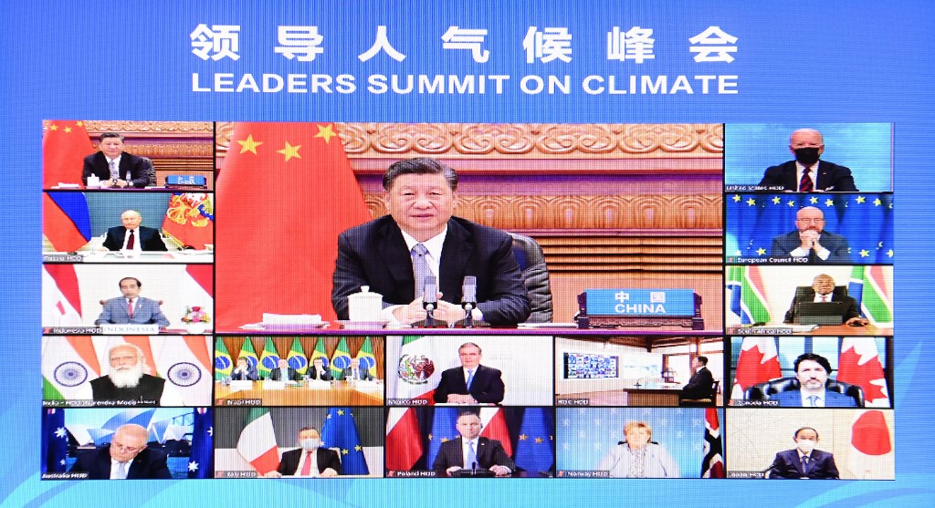O presidente chinês Xi Jinping na Cúpula de Líderes pelo Clima: discurso batizado "Pelo Homem e pela Natureza: Construindo uma Comunidade de Vida em Conjunto" (Foto: Li Xiang / Xinhua / AFP)