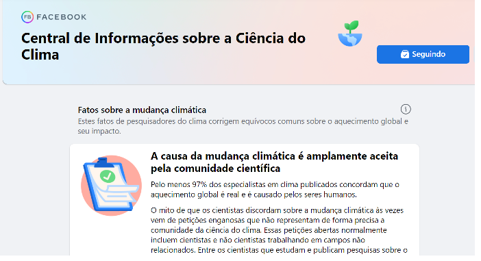 Facebook combate mentiras climáticas: a Central de Informações sobre a Ciência do Clima, criada pelo Facebook para combater a desinformação climática. Foto Reprodução do Facebook