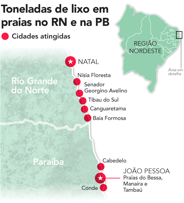 Praias atingidas pelas ondas de lixo na Paraíba e no Rio Grande do Norte (Arte: Fernando Alvarus)