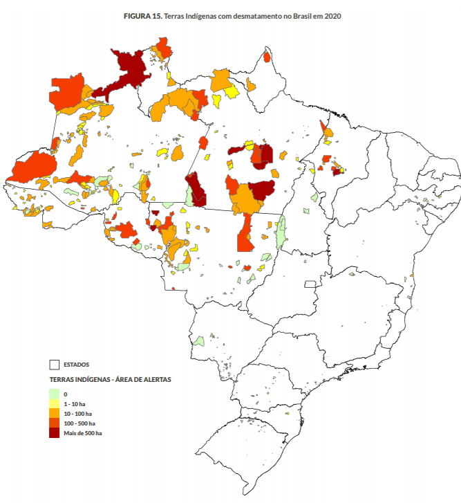 Terras Indígenas com alertas de desmatamento: aumento alarmante de 31% em 2020 (Arte: MapBiomas)