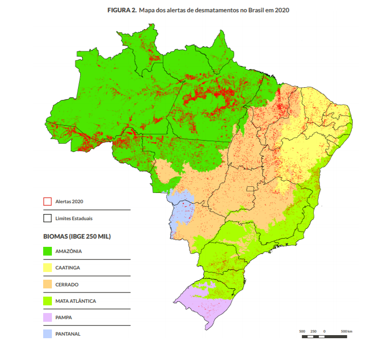 Registro de alertas no Brasil em 2020: desmatamento aumentou 13,6% cnos seis biomas (Arte: MapBiomas)