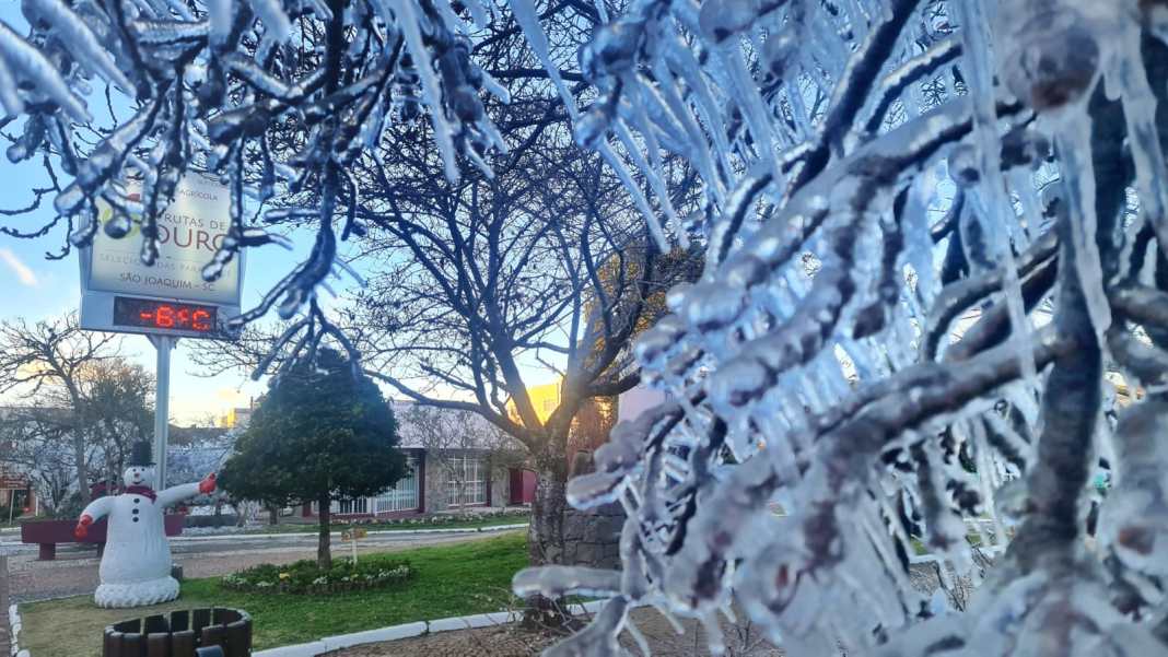 Termômetro marcando - 6º C em São Joaquim na serra catarinense: três dias de frio extremo com temperaturas negativas, neve e geadas na Região Sul (Foto: Mycchel Legnaghi/ São Joaquim on line/ Fotos Públicas)