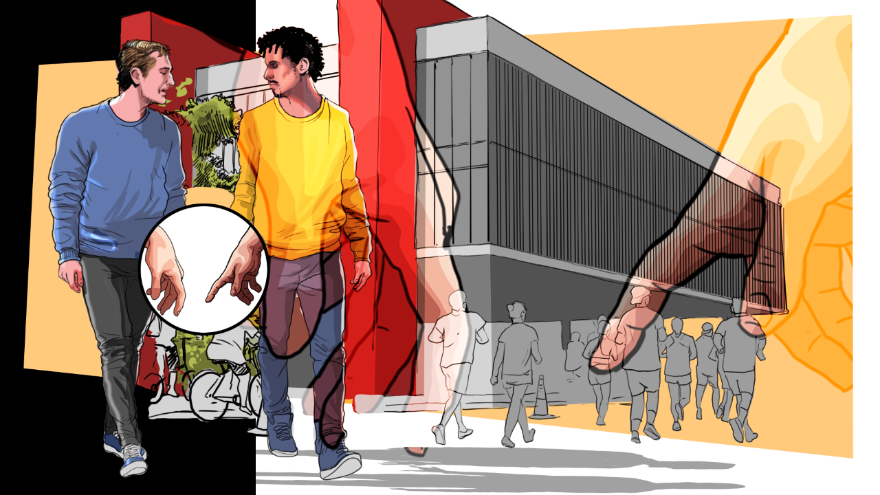 Em crônica, Vinícius Grossos mostra como o simples gesto de dar as mãos nas ruas pode ser perigoso para casais LGBT+ (Ilustração: Claudio Duarte)