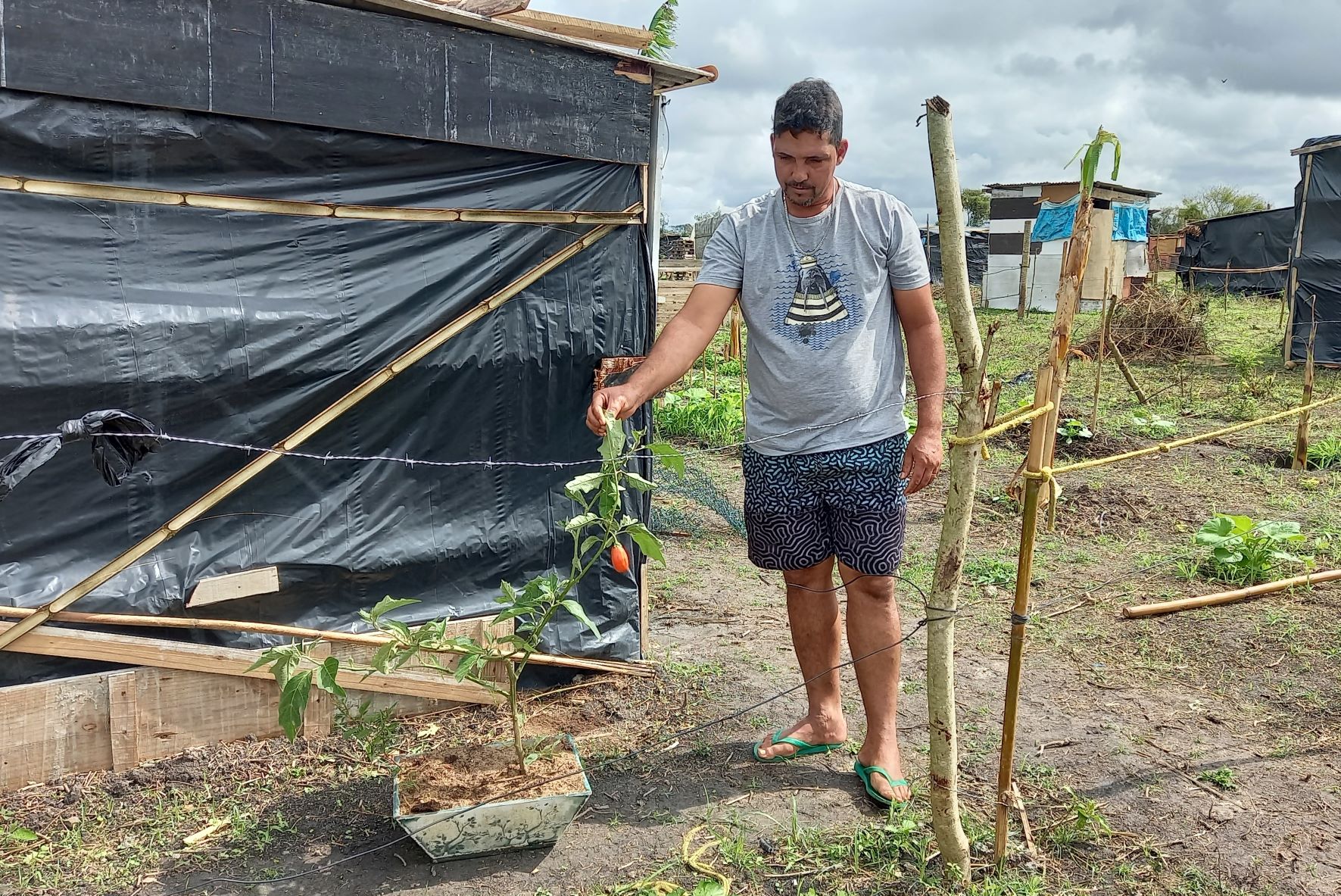 Rodrigo Alves prepara plantação no acampamento: cultivo de quiabo, couve, abóbora, milho, tomate, banana e graviola com base na agroecologia (Foto: Vivi Fernandes de Lima)