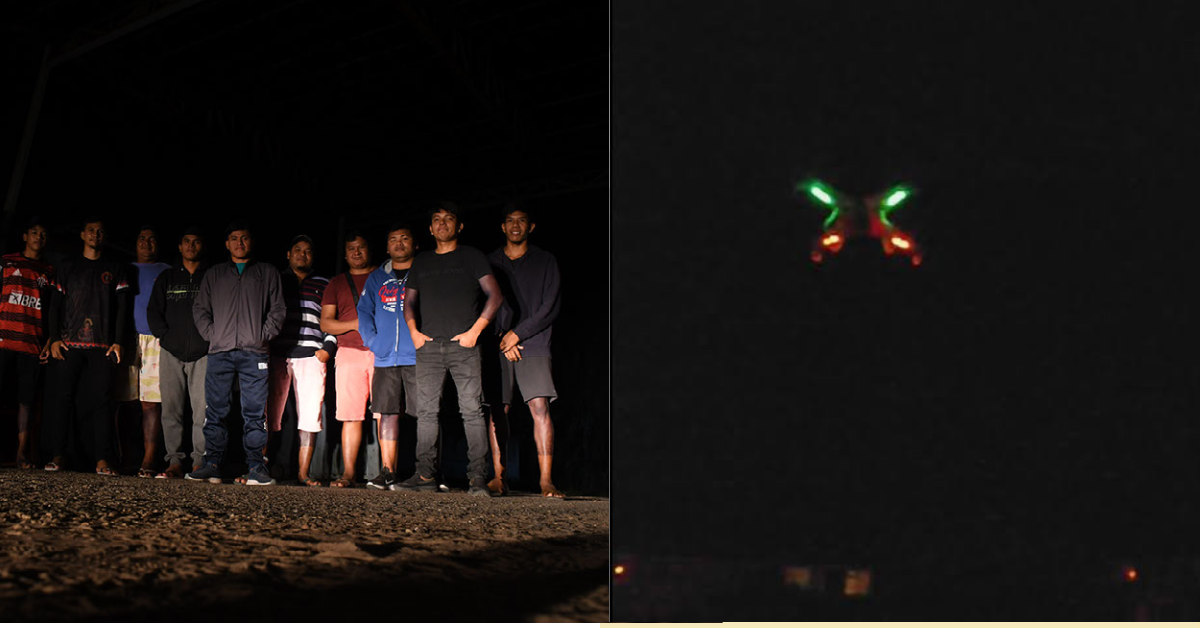 Indígenas da etnia Gavião e um dos drones avistado sobre as aldeias da Terra Indígena Mãe Mariano Pará: aparecimento de objetos voadores deixa moradores alarmados (Fotos: João Paulo Guimarães)