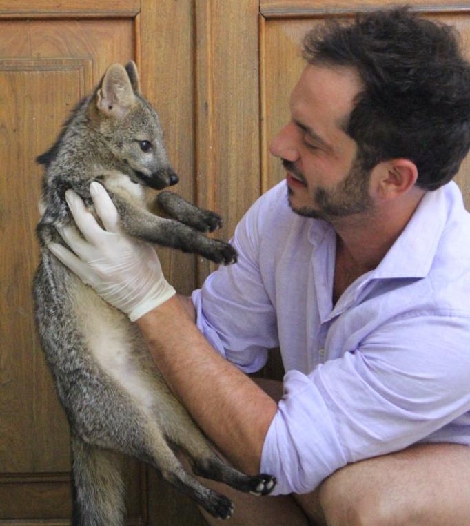 Roched Seba, diretor-fundador do IVL, com um cachorro-do-mato reabilitado na instituição: mais de 10 mil animais atendidos desde 2015 (Foto: Instituto Vida Livre / Divulgação)