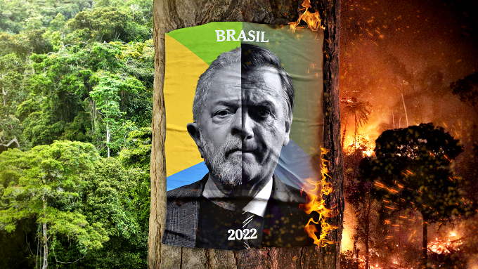 Lula e Bolsonaro na ilustração do The New York Times: preservação versus destruição da floresta. Foto/Reprodução do NYT