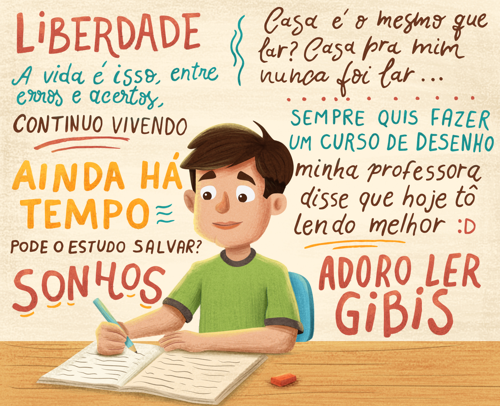 Desafio nas escolas de centros de aplicação de medida socioeducativa é fazer internos voltarem a ter interesse pelo ensino (Ilustração: Camila Matos)