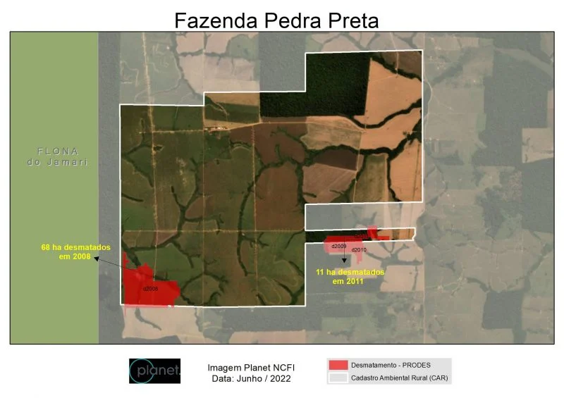 Desmatamento não foi alvo de fiscalização, mas Chaules acabou condenado por trabalho escravo na Pedra Preta. Mapa: Bianca Cavalcante/Greenpeace