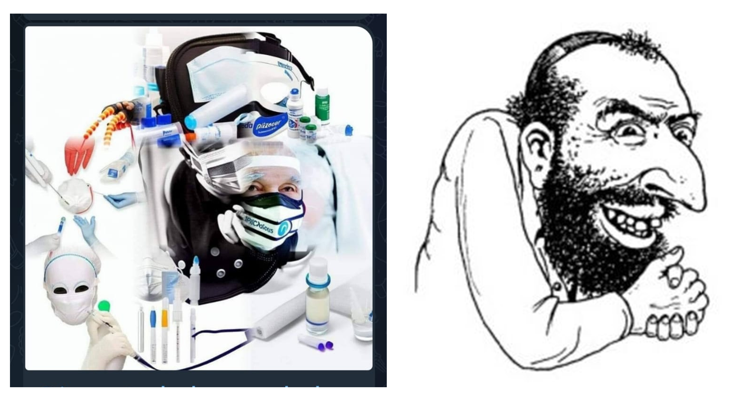 À esquerda, montagem fotográfica antissemita divulgada na internet por um grupo neonazista brasileiro durante a pandemia de Covid-19. Ela reproduz uma clássica caricatura pejorativa de judeu ("O mercador feliz"). Reprodução