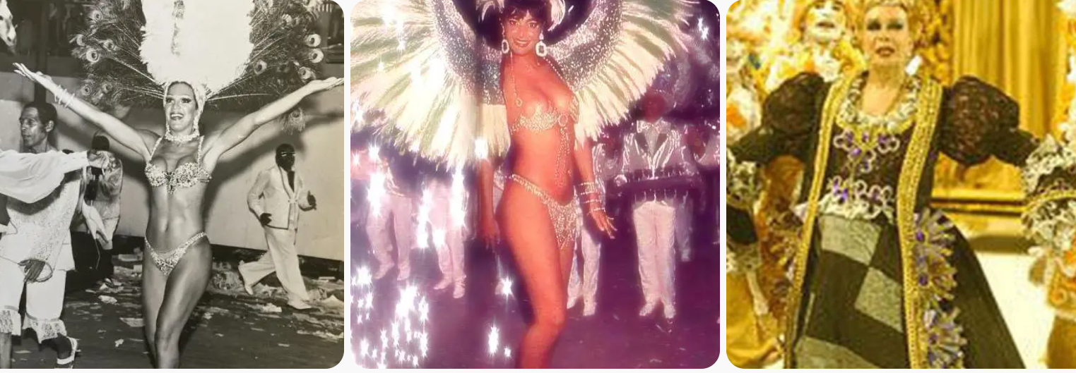 Eloína dos Leopardos na Beija-Flor, nos anos 1970; Roberta Close no Império Serrano, em 1986; Rogéria na Comissão de Frente da São Clemente, em 2008 (Fotos: Reprodução)