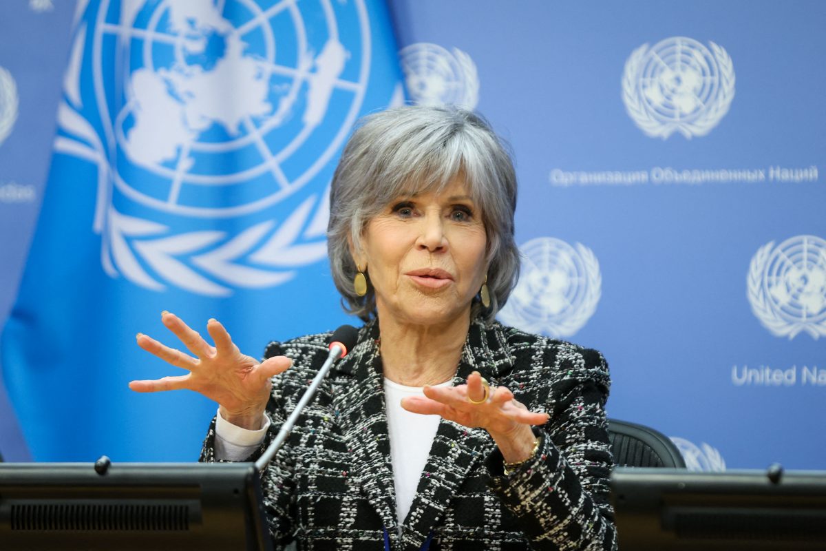 Foto William Volcov/Brazil Photo Press via AFP Jane Fonda, atriz e ativista, fala com a imprensa no evento da ONU sobre o Tratato de Alto-Mar. Foto William Volcov/Brazil Photo Press via AFP