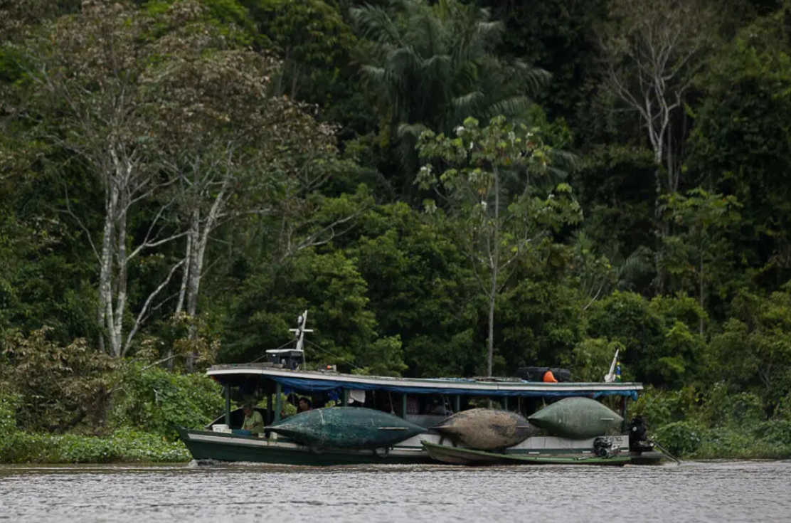 Embarcação de pesca navega pelo lado peruano do Médio Rio Javari (Foto: Bruno Kelly/Amazônia Real)