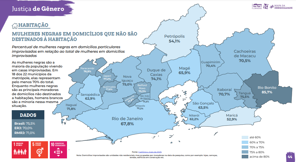 As mulheres negras são a maioria da população vivendo em casas improvisadas. Em 18 dos 22 municípios da metrópole, elas representam pelo menos 70% do total; homens brancos são a minoria nessa mesma situação em toda a RMRJ (Ilustração: Casa Fluminense)