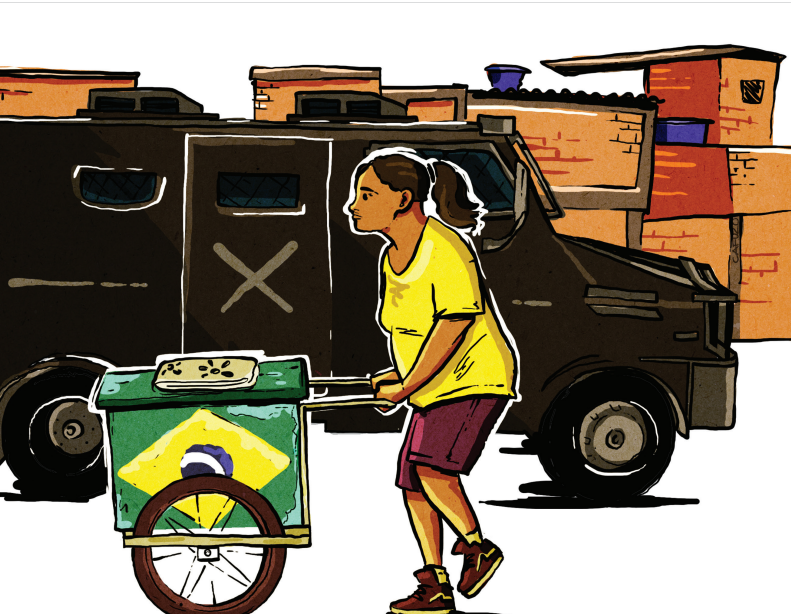 Tiroteios com participação de agentes de segurança causaram o fechamento temporário de 51,3% dos estabelecimentos da Vila Cruzeiro e de 46,3% de Mandela de Pedra em 12 meses (Ilustração: Renato Cafuzo)